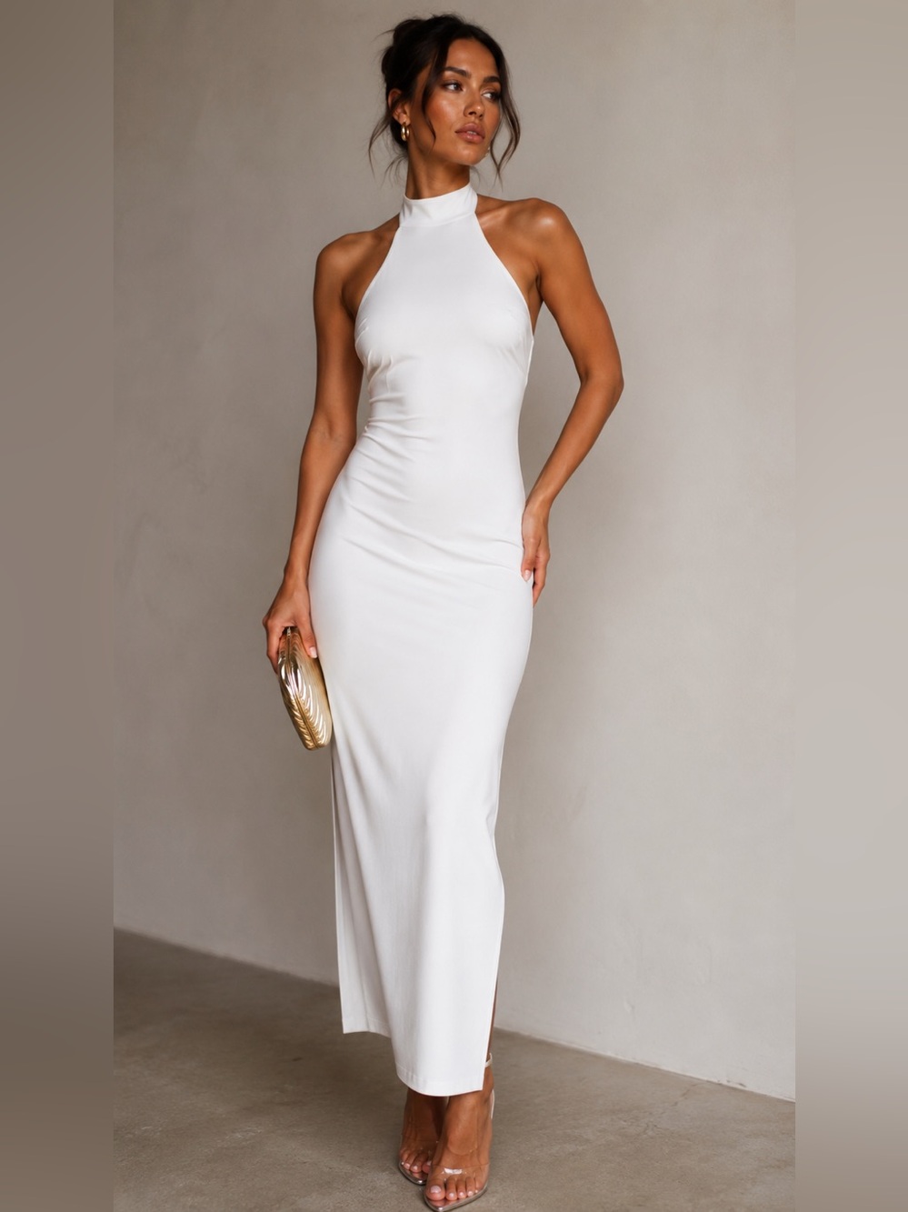Naked Wardrobe Halter Corset Side Slit Dress In White